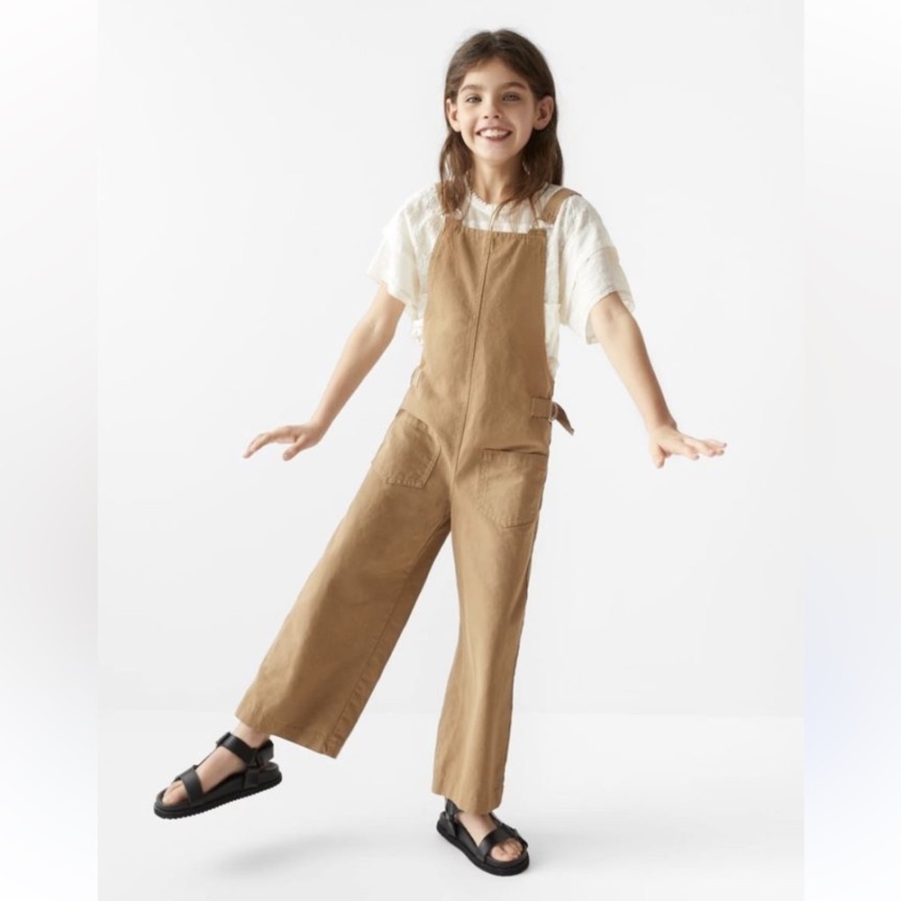 ZARA girls tan Brown Buckle Overalls 7 wide leg